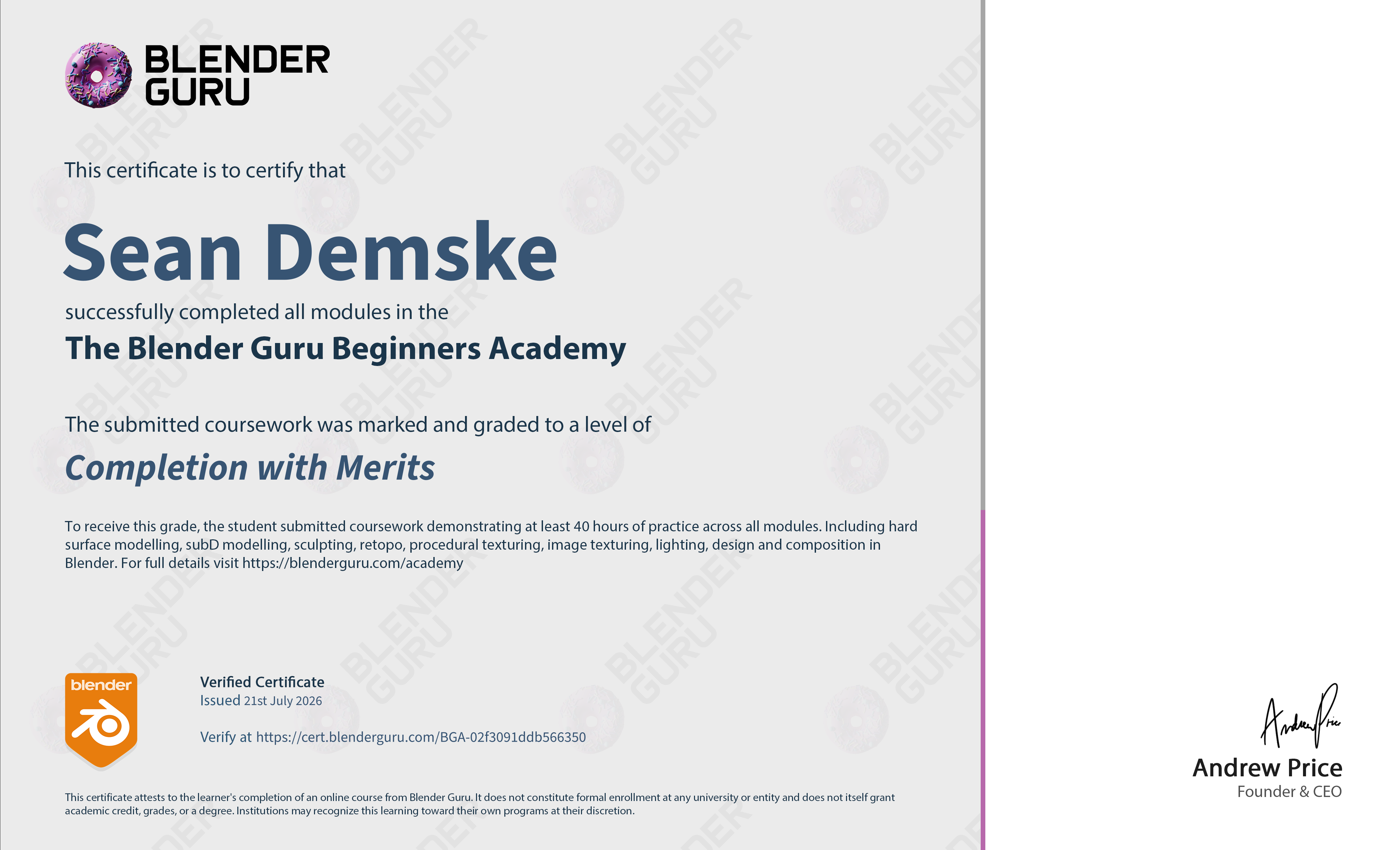 Sean Demske's Blender Guru Academy certificate