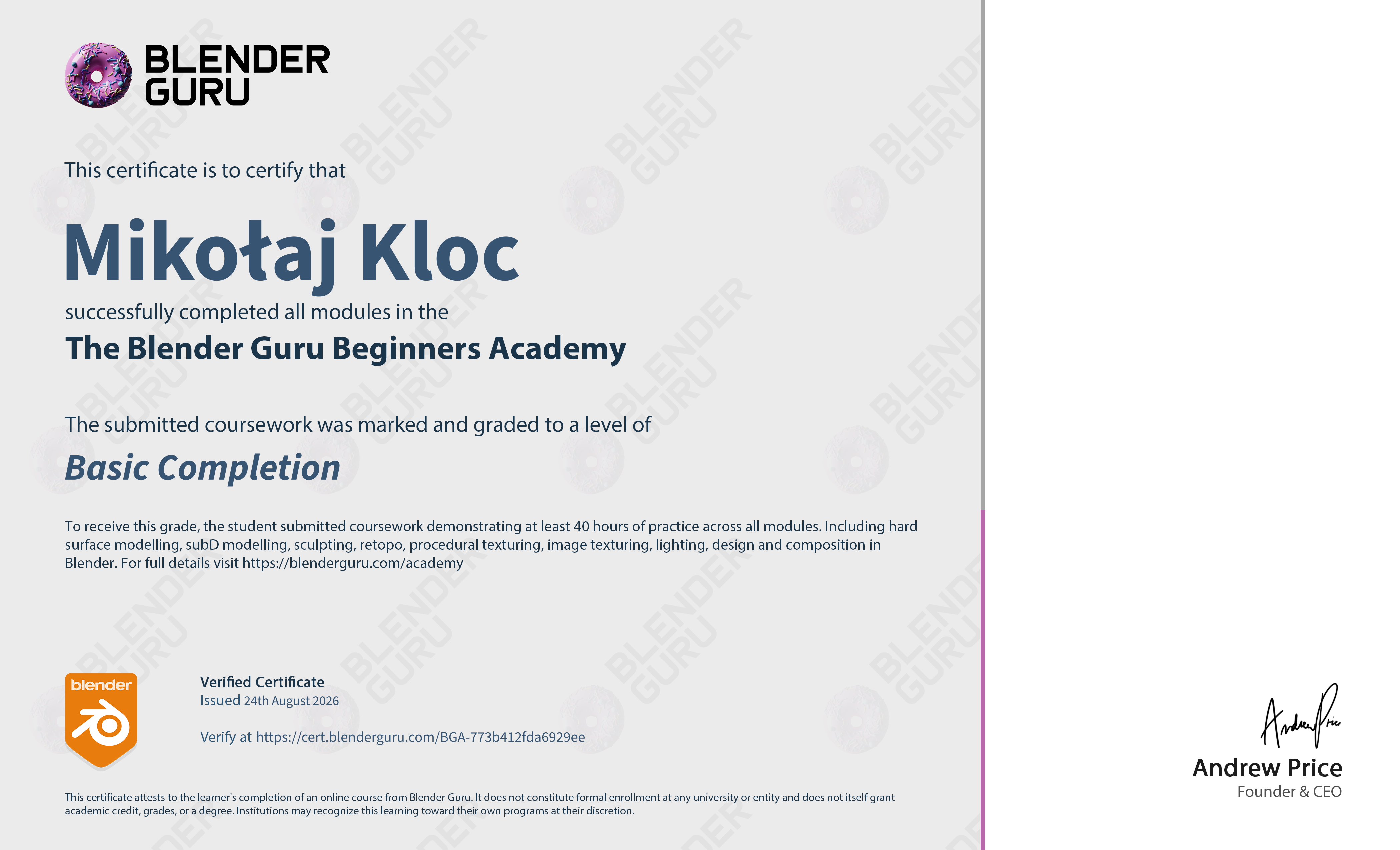 Mikołaj Kloc's Blender Guru Academy certificate